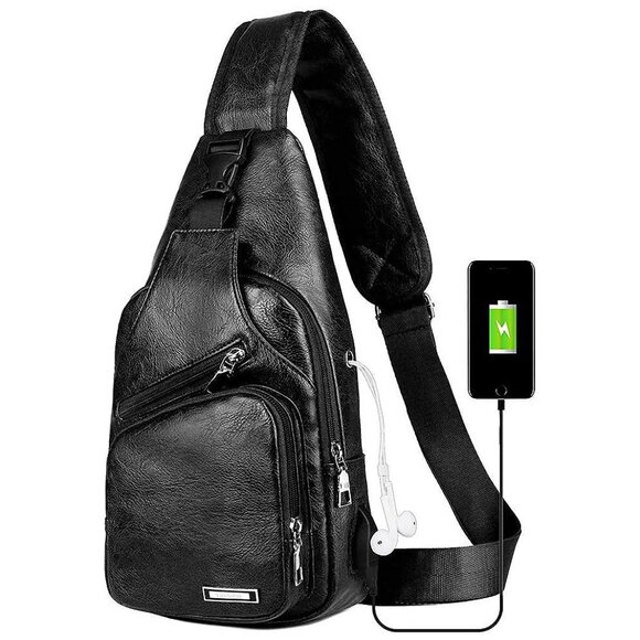 Leather Sling Bag Mens Crossbody Bag Chest Bag Sling Backpack , Black